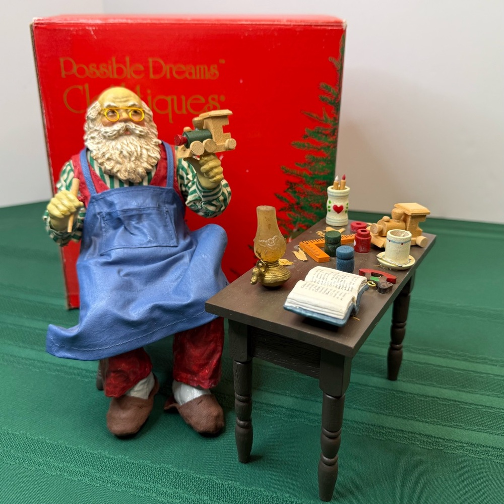 Vintage 1989 Clothtique Possible Dreams Santa Figurine with Workshop Table